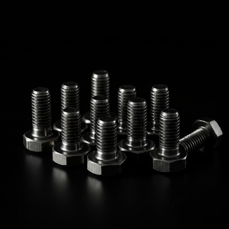 Primer plano de tornillos de acero inoxidable con cabeza hexagonal y rosca métrica, dispuestos ordenadamente sobre un fondo negro. Iluminación dramática resalta el brillo del metal y la precisión de la rosca, ideales para maquinaria.