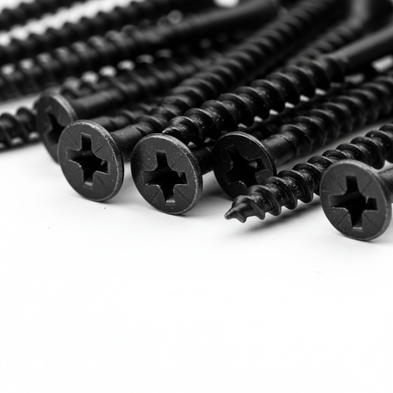 Primer plano de varios tornillos autoperforantes negros para pladur, con cabeza avellanada, punta afilada y rosca gruesa. Dispersos sobre un fondo blanco, resaltando sus detalles y diseño para fijación en placas de yeso laminado.