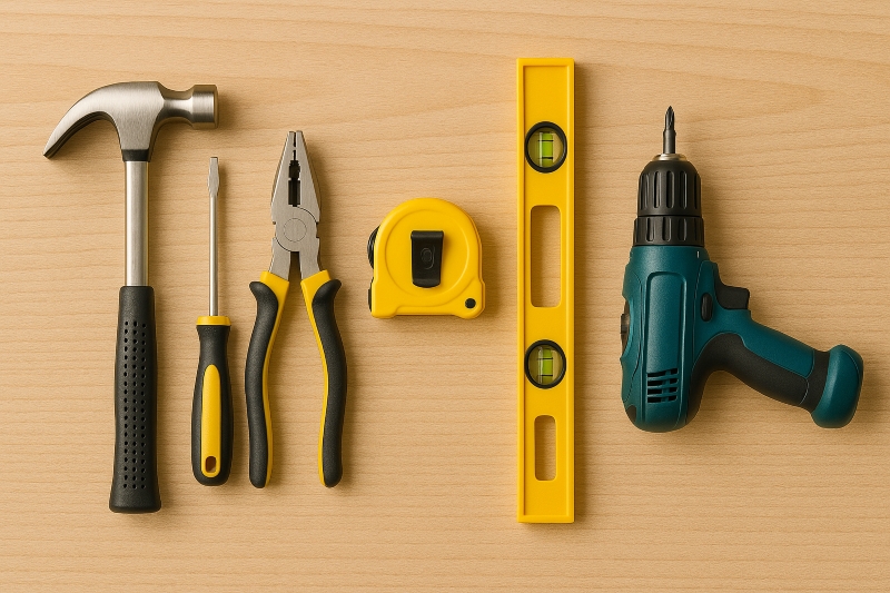 Varias herramientas de bricolaje dispuestas en una fila sobre una superficie de madera clara. Se incluyen un martillo, un destornillador de punta plana, unos alicates, una cinta métrica, un nivel y un taladro eléctrico.