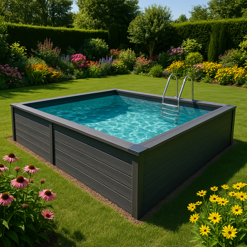 Piscina de superficie de composite instalada en un jardín cuidado con césped y flores